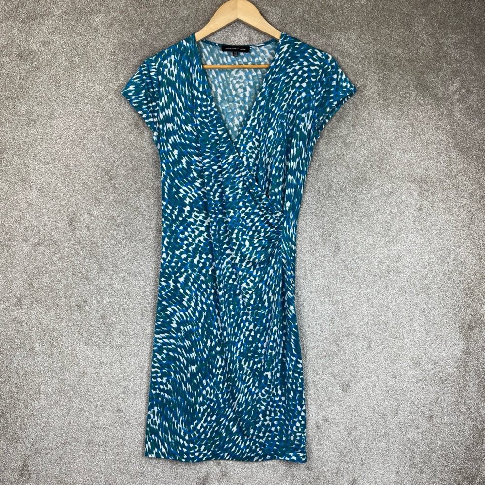 Jones New York Dress Womens XXS Blue Green Cap Sleeve Stretch Knee Length- 2942*